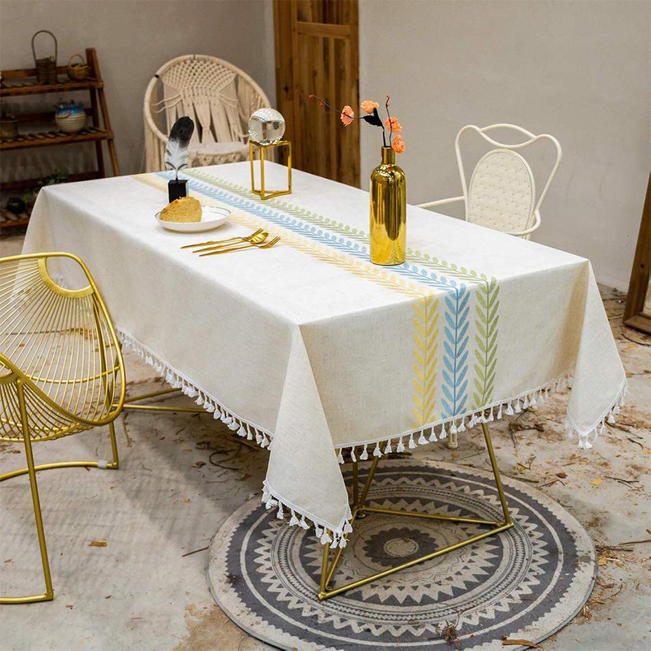 Embroidery Tassel Tablecloth,Cotton Linen Dust Proof Dinner Table Cover,for Kitchen Dining Room Party Home Tabletop Decoration