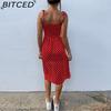 BITCED Kleider Sommerkleid Sommer Damen Lässig Ärmellos Gepunktet Strandkleid Hohe Taille Plissiert V-Ausschnitt Vestidos De Verano