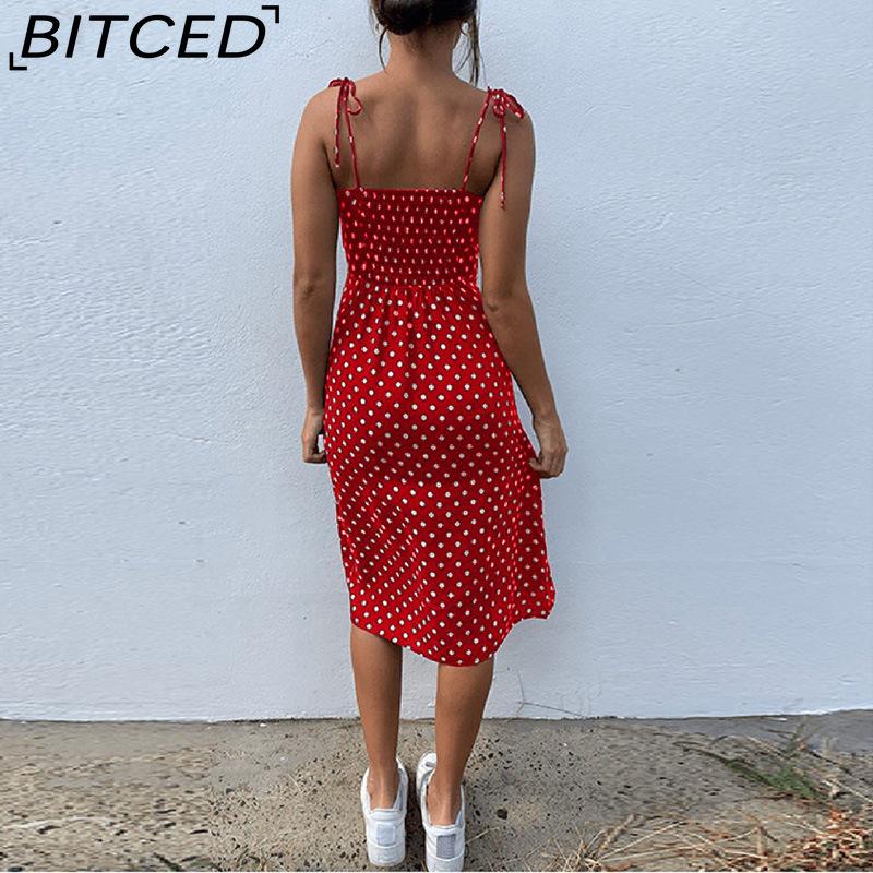 BITCED Kleider Sommerkleid Sommer Damen Lässig Ärmellos Gepunktet Strandkleid Hohe Taille Plissiert V-Ausschnitt Vestidos De Verano