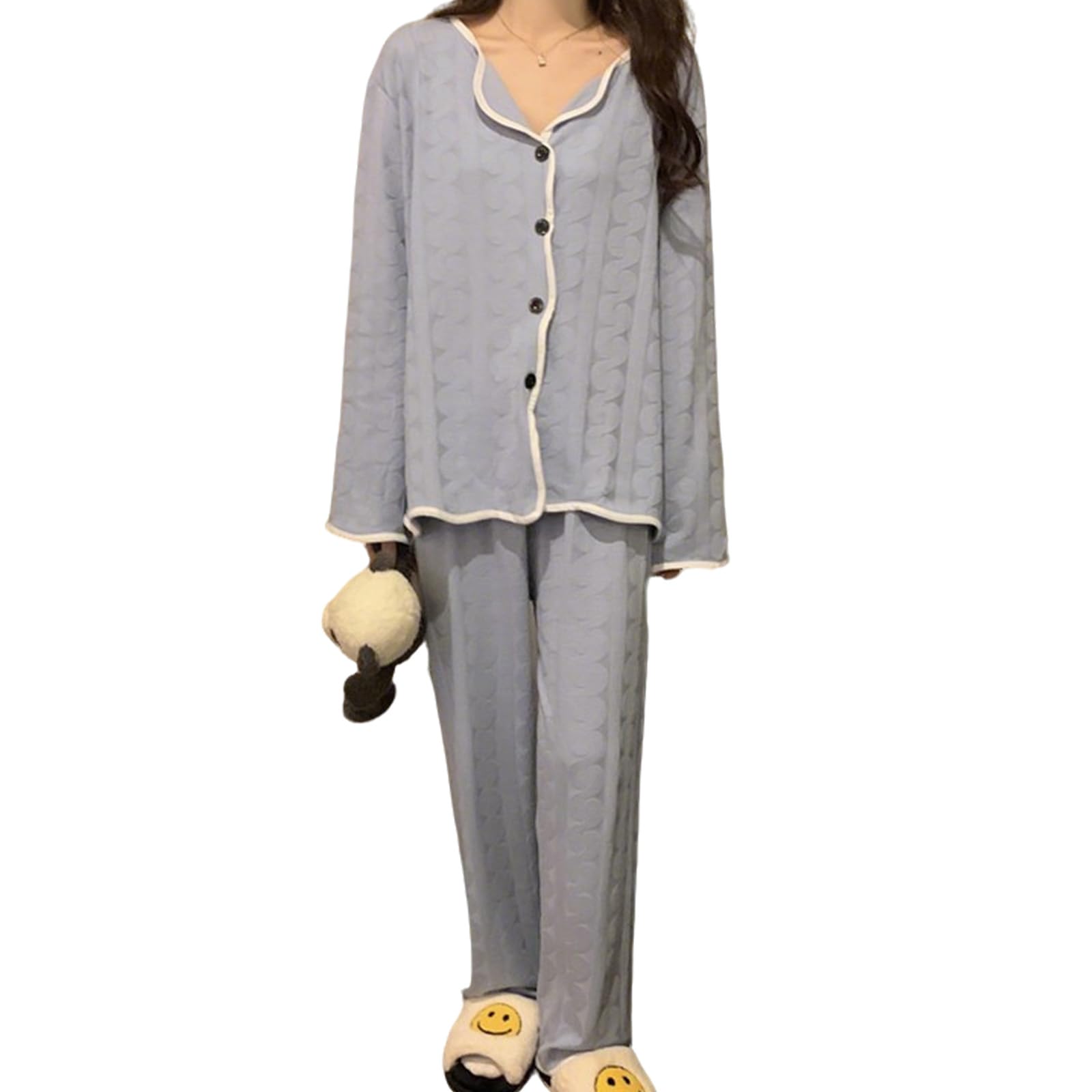 

H2four Pajama Long Dotted Solid Open Loose Autumn Women s Set, Sleeves, Print, Lightweight, Color, Front, Fit, Comfortable, Soft, Skin-Friendly, синий
