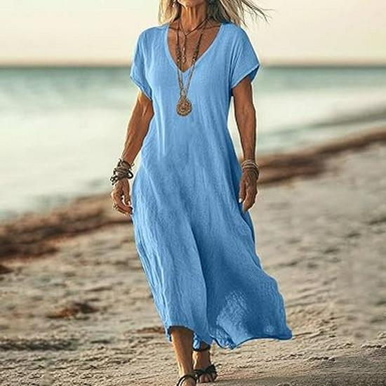 V-Neck Loose Solid Color Cotton Linen Women's Dress