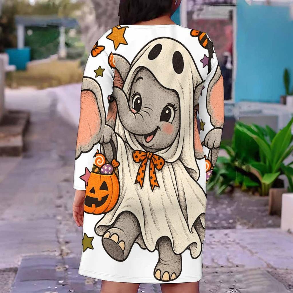 Women Plus Size V Neck Long Sleeve Fitted Halloween Sloth Pumpkin Printed Straight Hem Dress