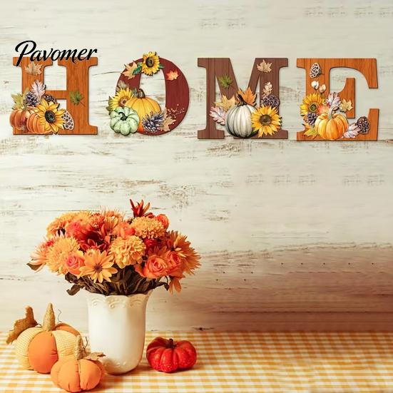 Pumpkin Sunflower Decor 4PCS Wooden HOME Sign, with Wood Grain Texture Wall Decor, Split Fall Season Home Accents Letter Design, Rustic Style Hanging