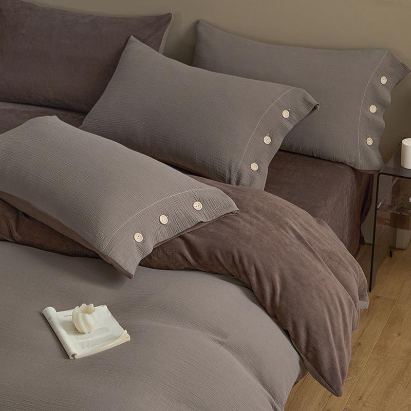 Sleep Grid Full Cotton Bubble Double Layer Yarn with Milk Velvet Four Piece Set