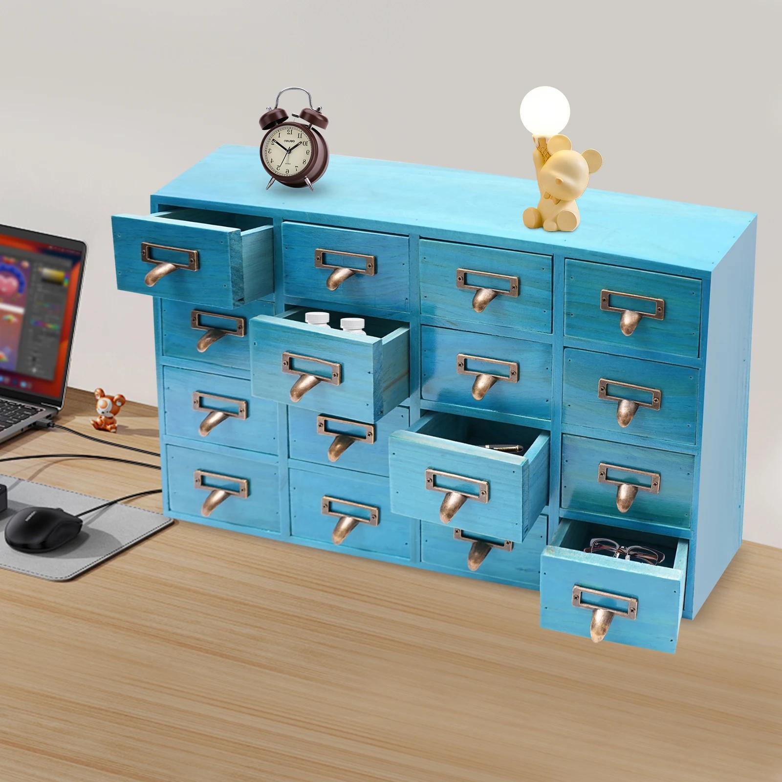 

Синий ящик для хранения с 16 отделениями, Деревянный аптечный шкаф для трав с металлическими ручками для туалетного столика, Магазин китайской медицины синий