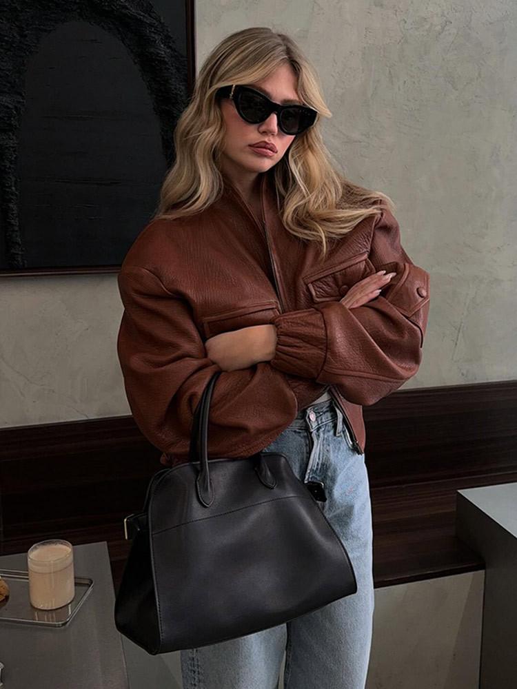 Women's 2025 Autumn Leather Jacket: Round Neck, Zipper, Multi-Pocket, Casual Street Style