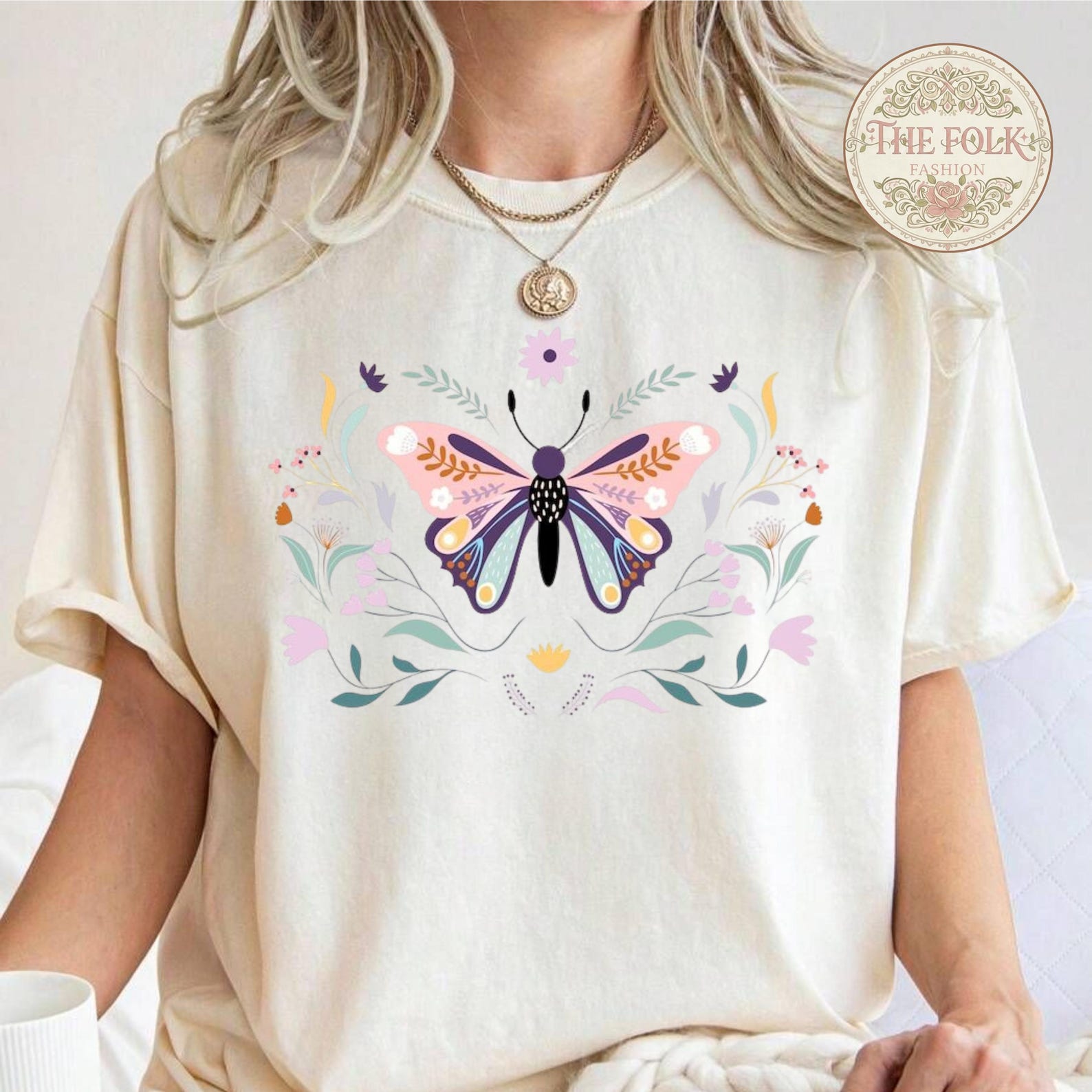 Boho Butterfly Shirt, Aesthetic Folk Art Floral Tee, Botanical Butterfly Graphic Shirt, Comfort Colors Pastel Nature Tshirt, Gift for Women XL