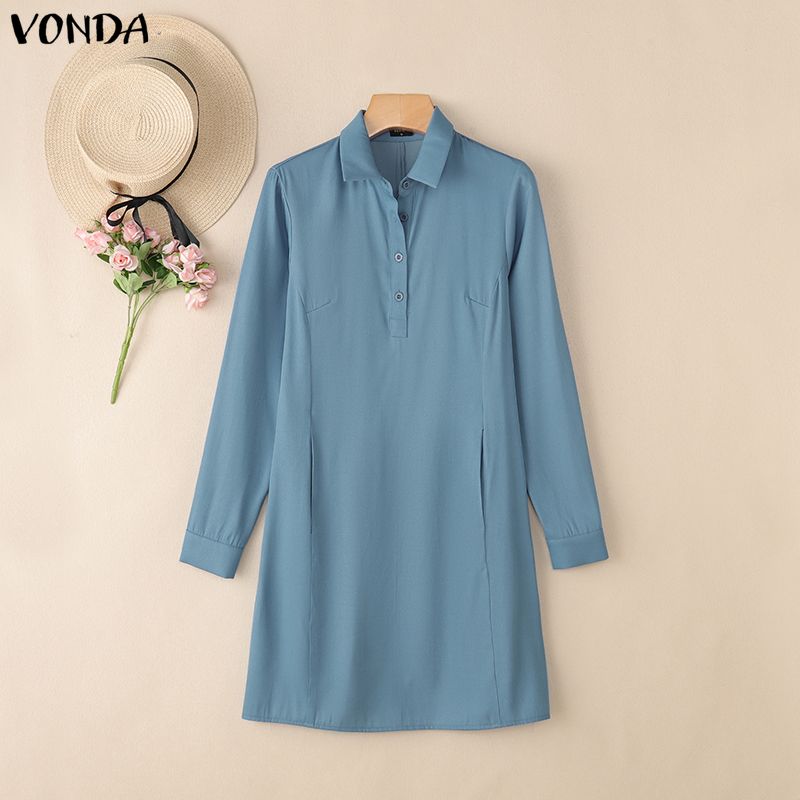 

VONDA Elegant Women Lapel Neck Long Sleeve Buttons Casual Office Thin Shirts Dress 5XL синий