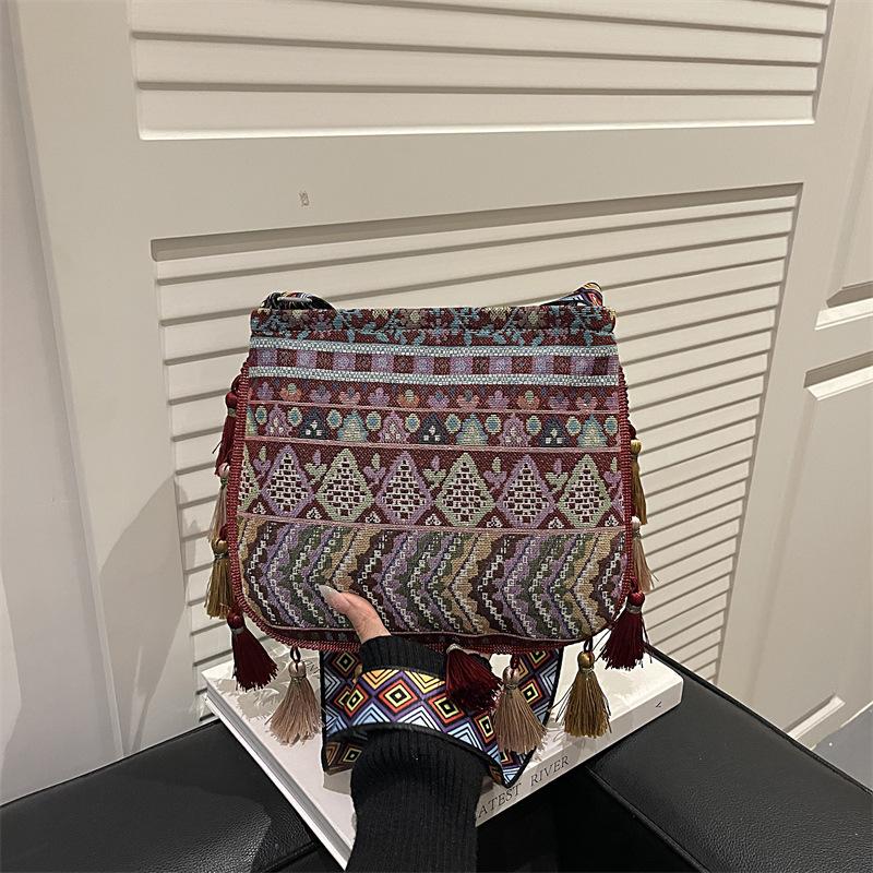 National style woven fabric fringed plaid bag women s autumn new trendy shoulder messenger bag national style casual women s bag