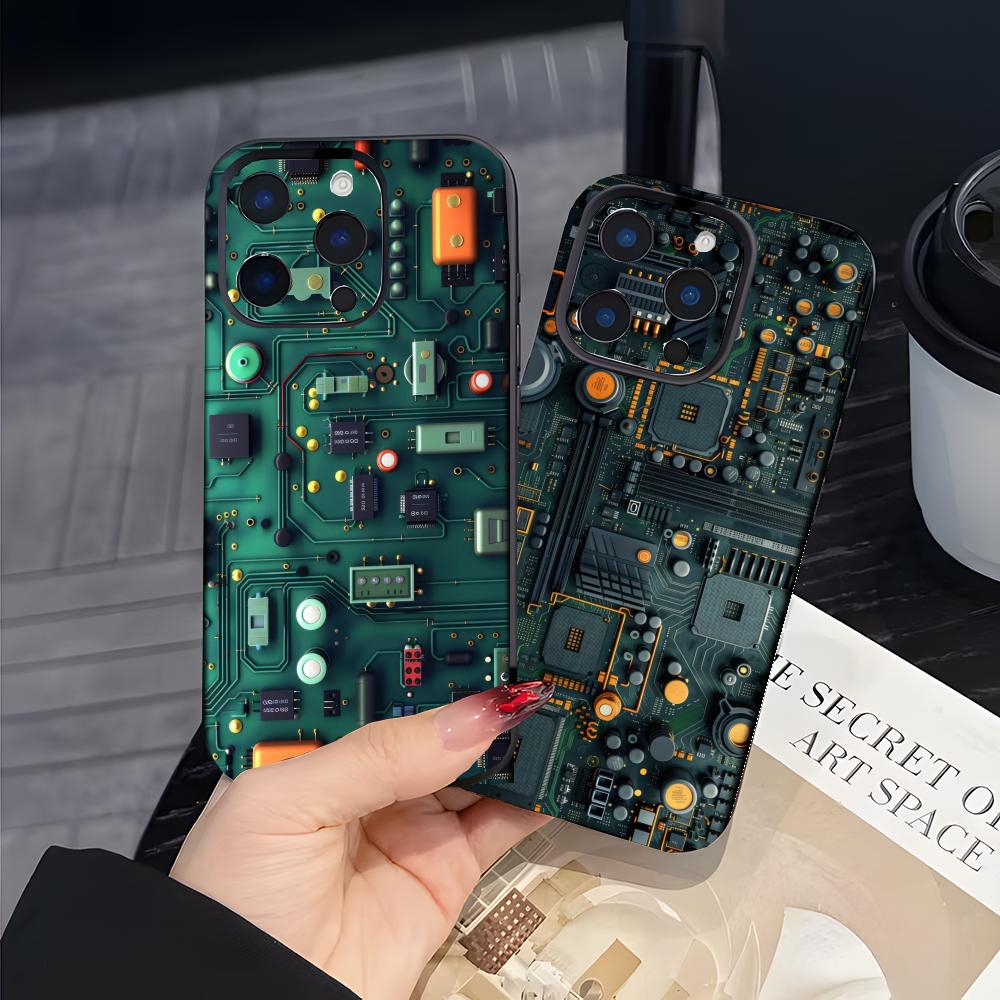 Techy Futuristic Pattern C-Circuit Board Phone Case Black Matte Thin Phone Case For iPhone17 16 15 14 13 ProMax