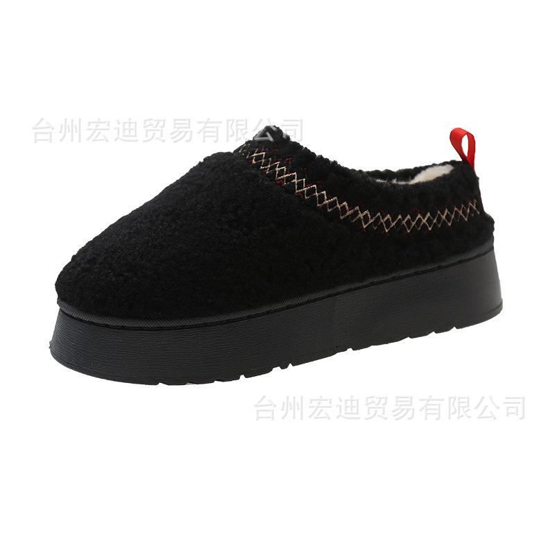 Thick-soled snow boots for women's new winter models, thickened warm lace, fluffy half-drag, one-pedal cotton shoes