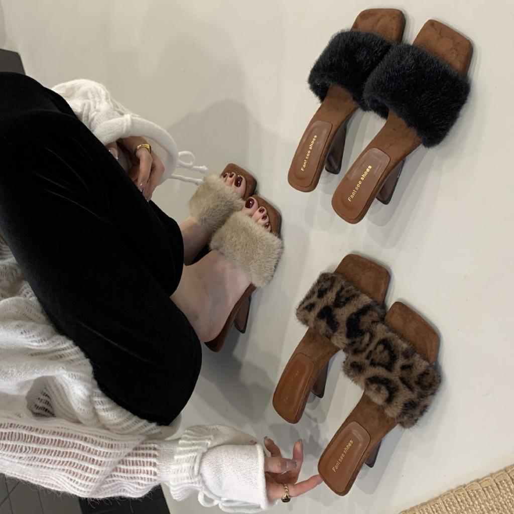 2025 New Square Head Slope High Heel Open-toed Niche Wear Half-drag OL Women's Sandals Mao Mao