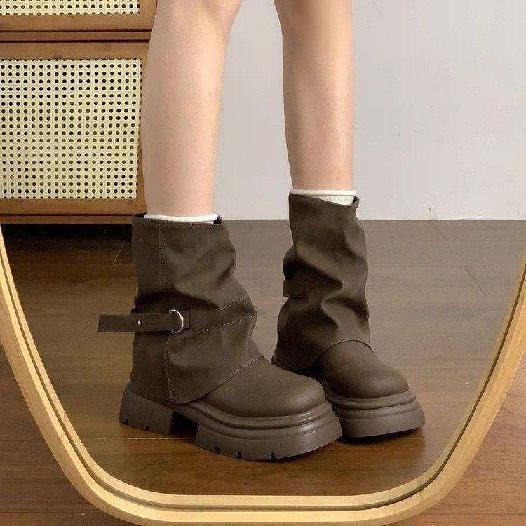 

Design sense niche trouser tube boots thick-soled heightening Martin boots autumn thick-soled short single boots 40 коричневий