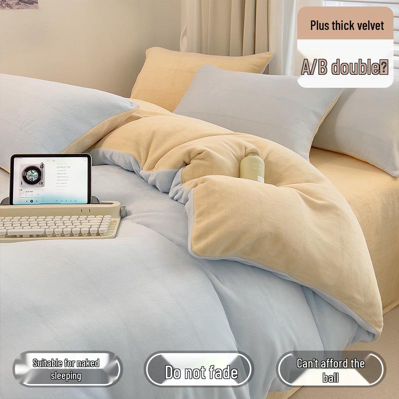 Winter Milk Coral Fleece Flannel Bedding Set: Double-Sided Plush Quilt Cover & Thickened Bed Sheet Set.