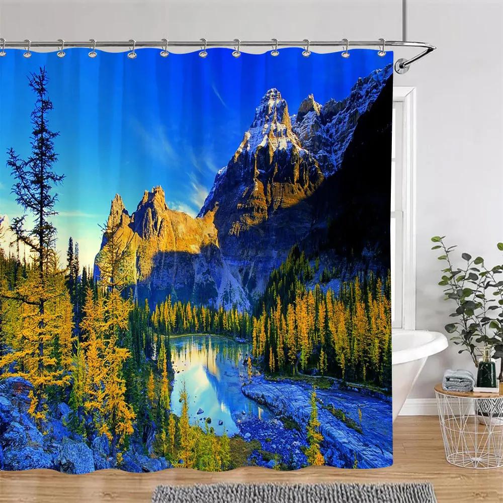 Beautiful Autumn Landscape Shower Curtain Forest Lake Fire Red Golden Leaves Nature Landscape Fabric Bath Curtain Bathroom Decor