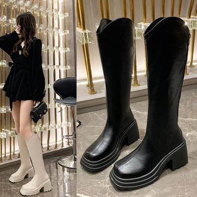 Dickbesohlte Ferse 2024 Neue Frühlings- und Herbststiefel mit hohen Absätzen V-Mund-Temperament, aber Knie-All-Matching-Ritterstiefel