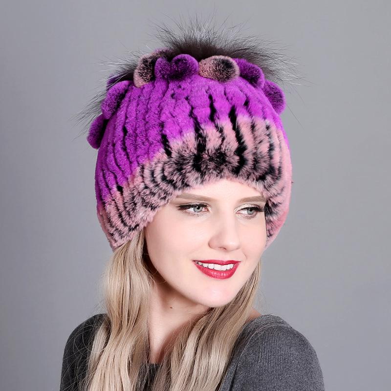 Colorful Rex Rabbit Fur Knitted Women's Warm Winter Hat
