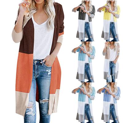 Women Long Sleeve Color Striped Pocket Casual Knitted Outerwear Cardigan Sweater
