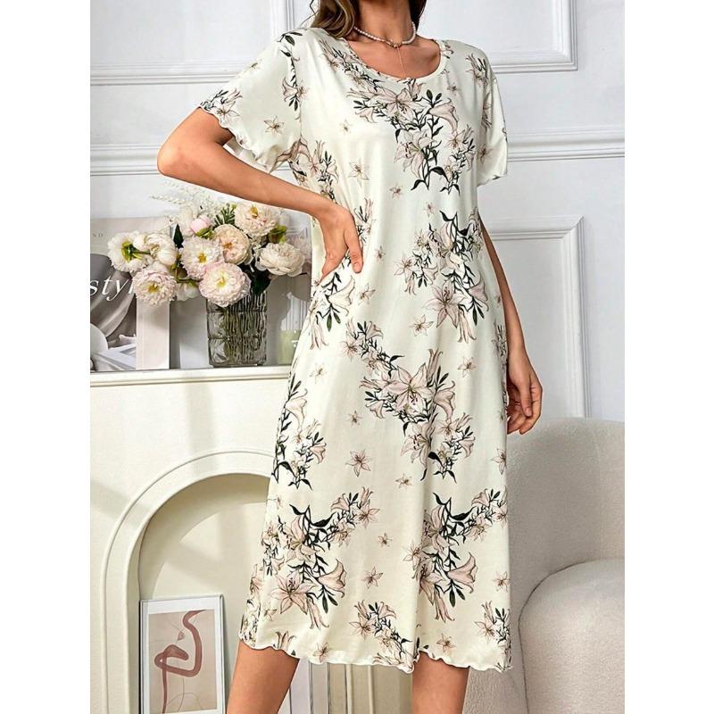 Velká velikost, Kulatý výstřih, Krátký rukáv, Modrý květ meruňky, Domácí oblečení, Noční košile, Šaty, Ležérní, Dámské oblečení s potiskem