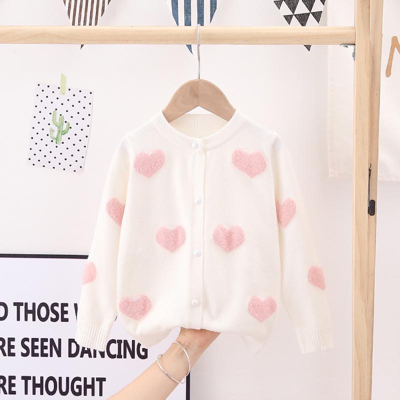 Jinbei Girls' Heart Jacquard Faux Mink Cardigan - Autumn Baby Round Neck Sweater