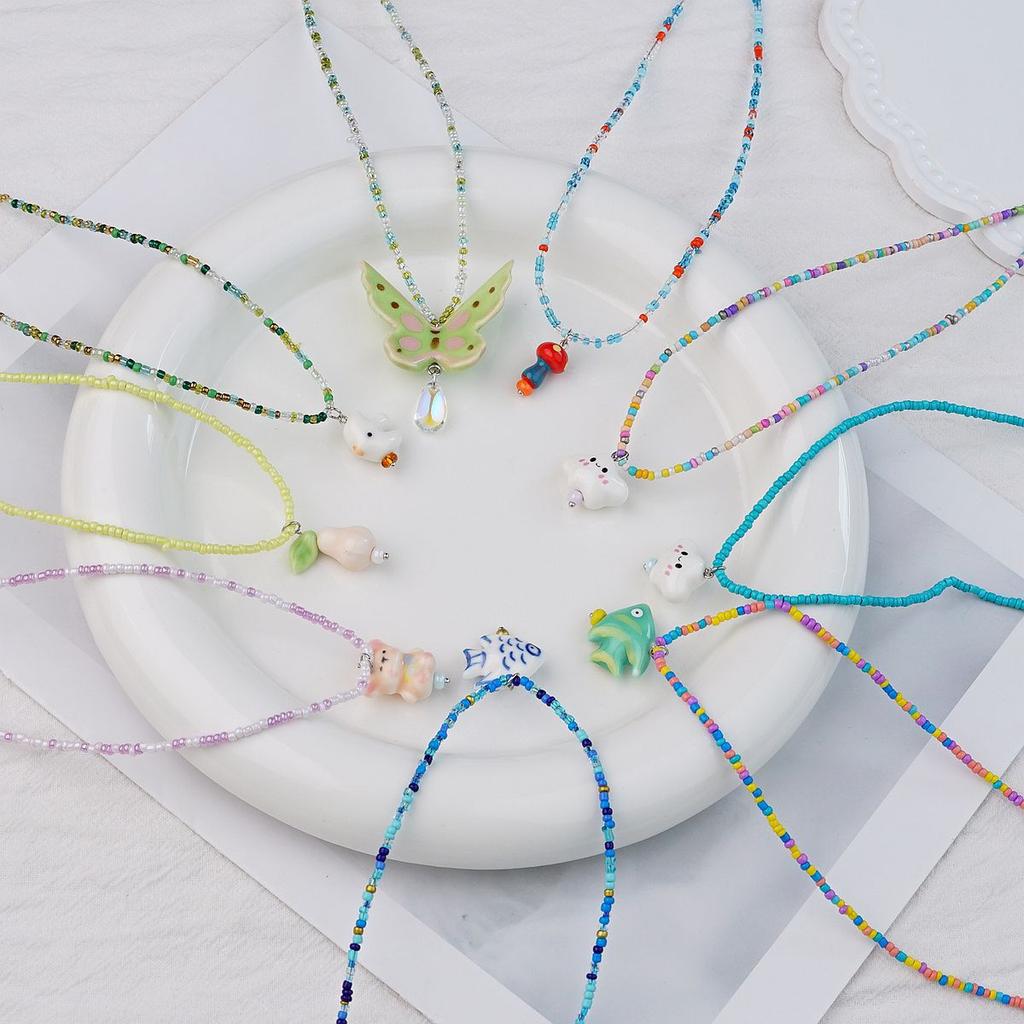 Bohemian Rice Beads Colored Beaded Ceramic Clouds Cute Fresh Necklace Neck Chain Collarbone Chain