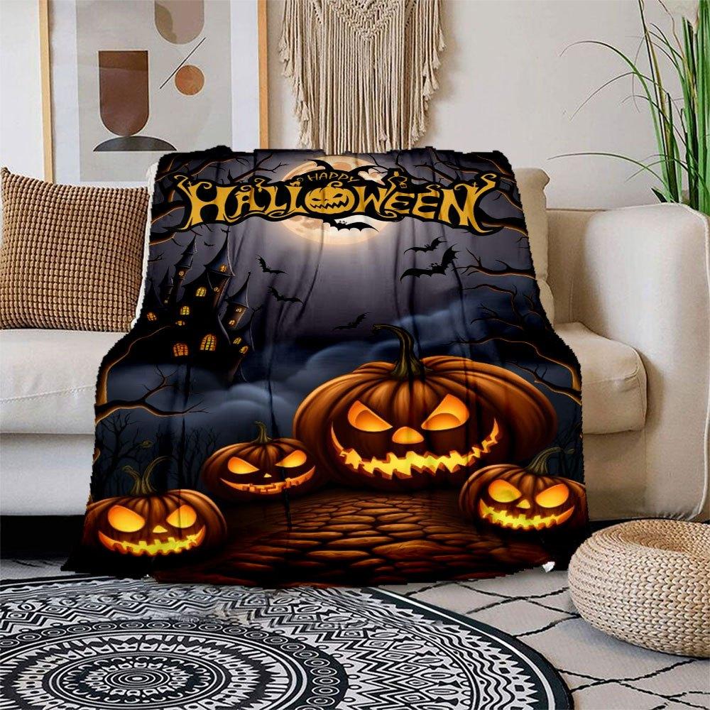 Halloween Party Decorations Pumpkin Lanterns with Moon and BatsBlanket Flannel Throw Blanket for Sofa, Bed, Travel, Camping, Office