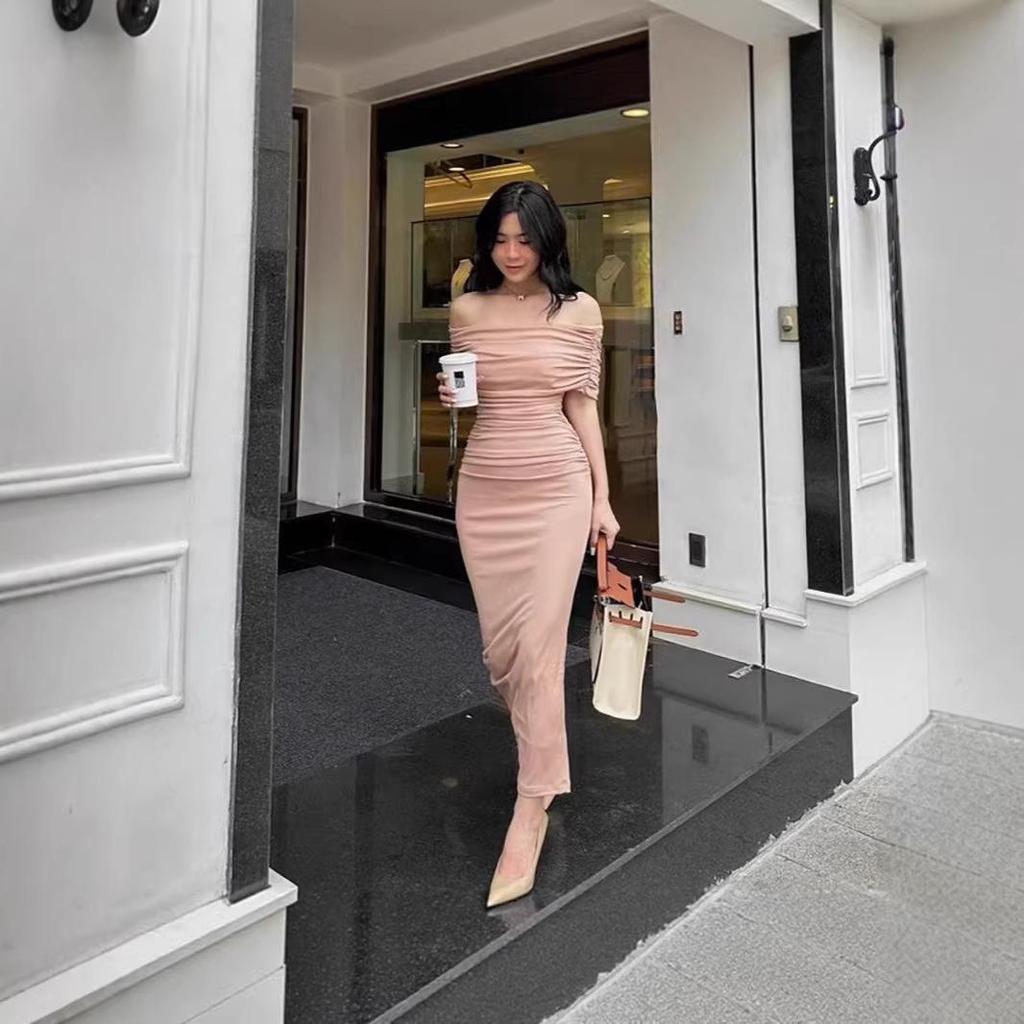 Spring Summer European & American Off-Shoulder Slit Long Dress - Slimming & Elegant Women's Formal Wear