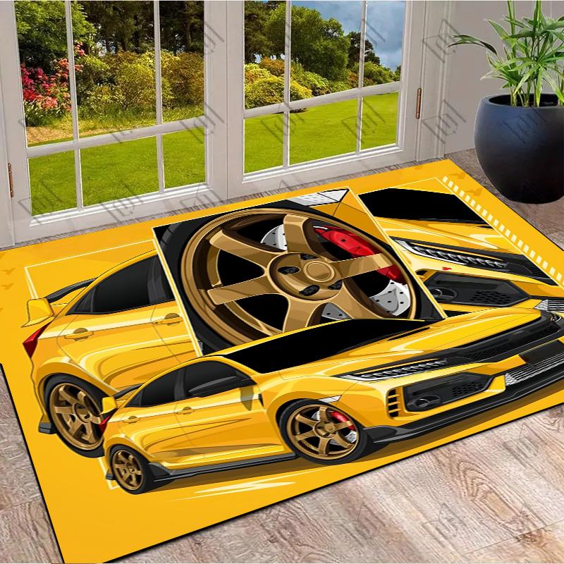 Golden Yellow JDM Sport Car Comic Panel Print Area Rug Non‑Slip Rectangular Floor Mat Tuned Auto Decor for Gaming Bedroom Living Room