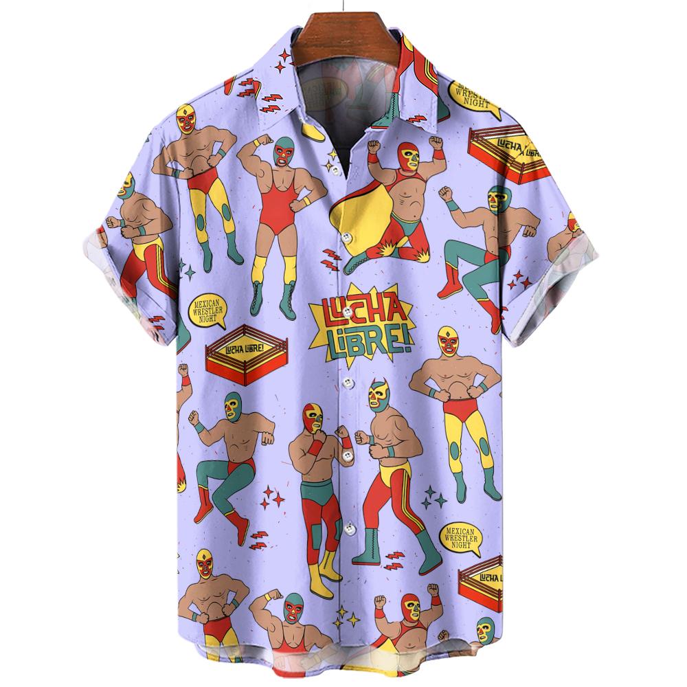 Camisa de Playa Casual de Moda Patrón 3D de Luchador Camiseta Retro Manga Corta Vacaciones al Aire Libre Camisa para Hombre y Mujer
