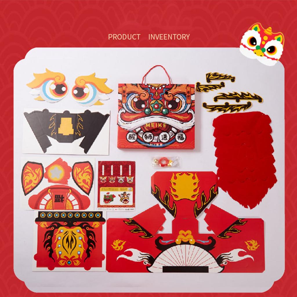 Chinese Lion Dance Head DIY Assembly Interesting Educational Cute Style Paper Decorative Craft Model for Toy Red