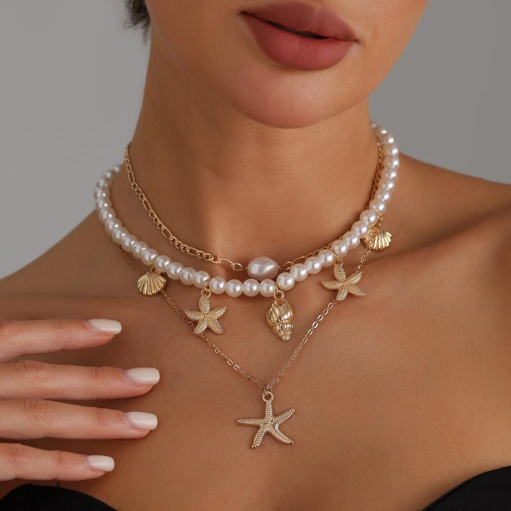 Ocean Elements Starfish Pendant Pearl Necklace Summer Beach Vacation ins Wind Collarbone Chain
