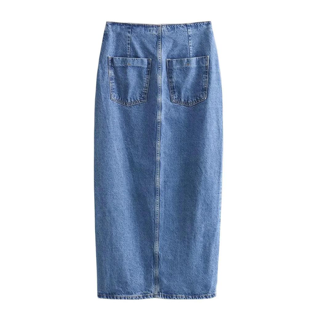 Women's European & American Short Denim Vest + Double Lapel Midi Skirt Set