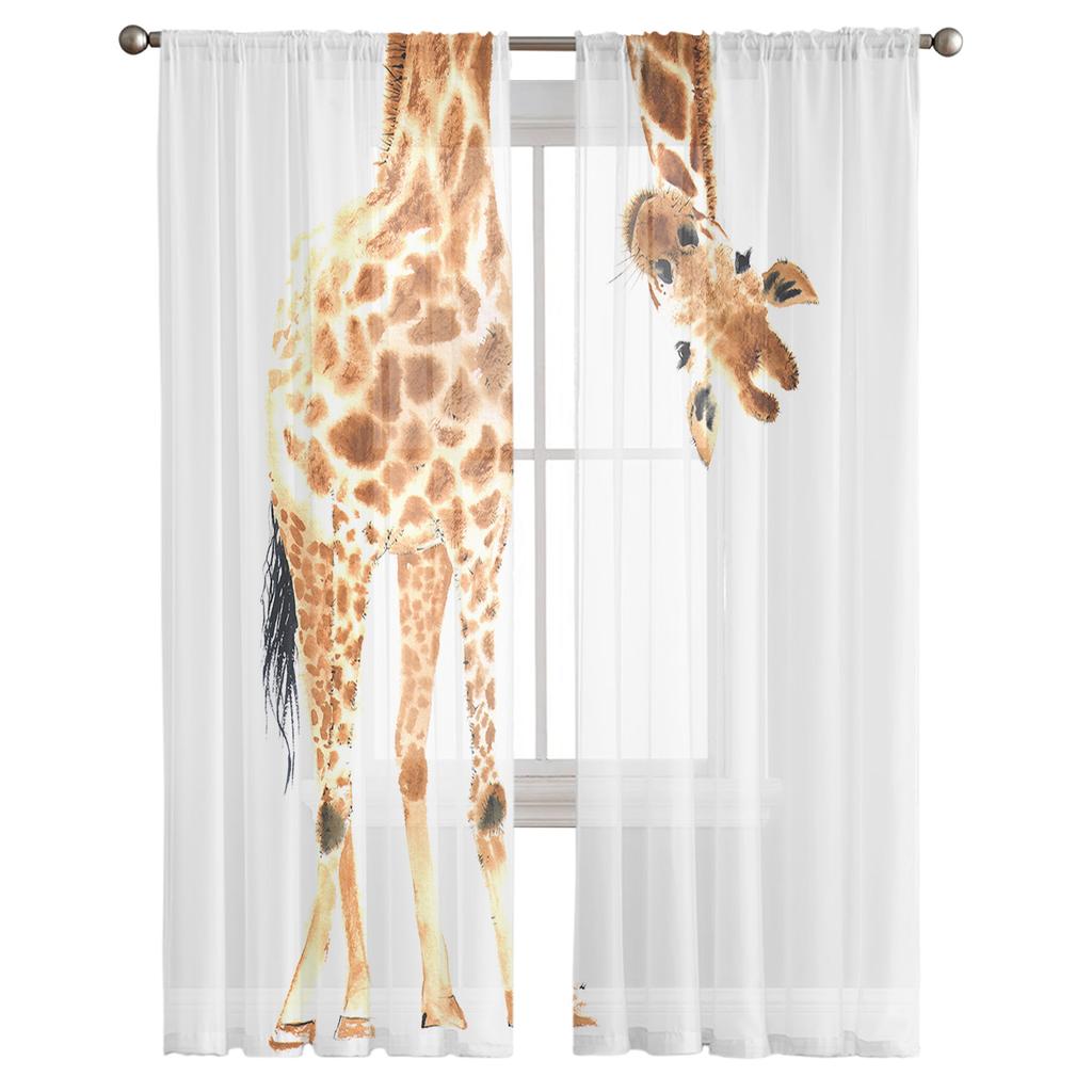 Fun Giraffe Animal White Sheer Curtains for Living Room Voile Curtain Bedroom Bathroom Tulle Curtains Window Drapes