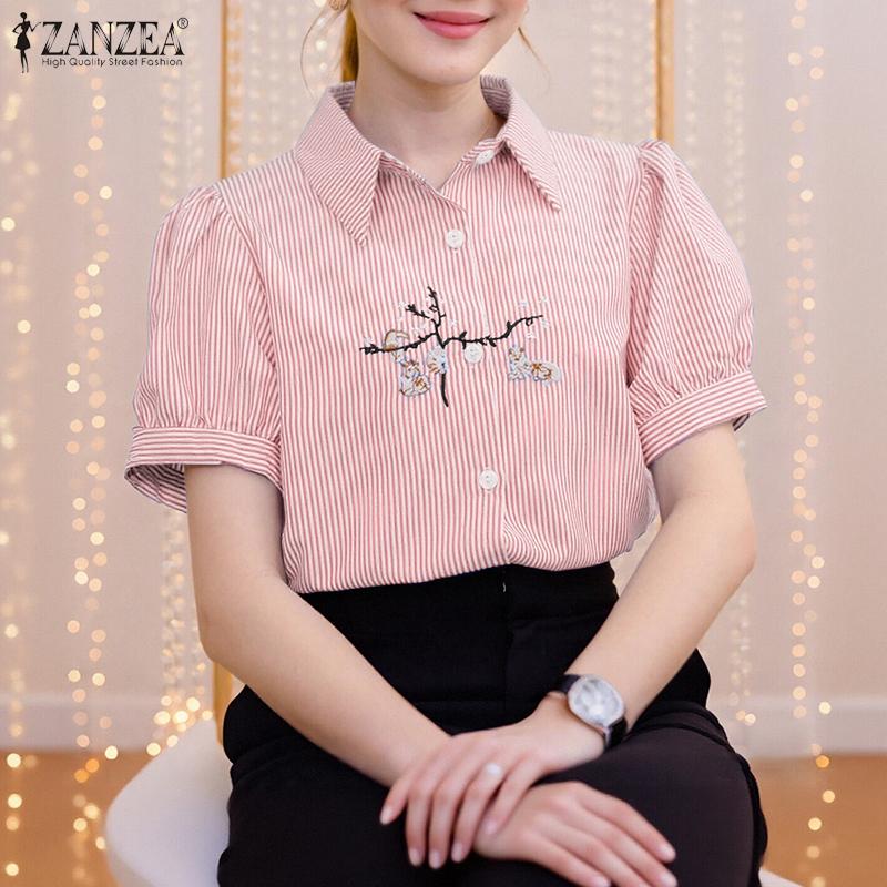 ZANZEA Women Casual Turn Down Collar Short Sleeve Embroidery Stripe Blouse