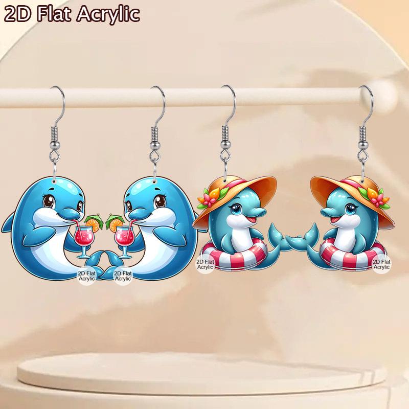 Vocation Coastal Dolphin Acrylic Earrings for Women, Tropical Beach Theme Drop Earrings, Design for Daily and Party Wear