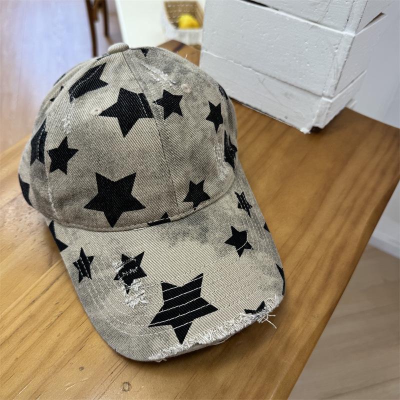 American Retro Old Ripped Star Printed Baseball Cap Women's Wide Brim Trendy Cool Hat Showing Face Small Cap