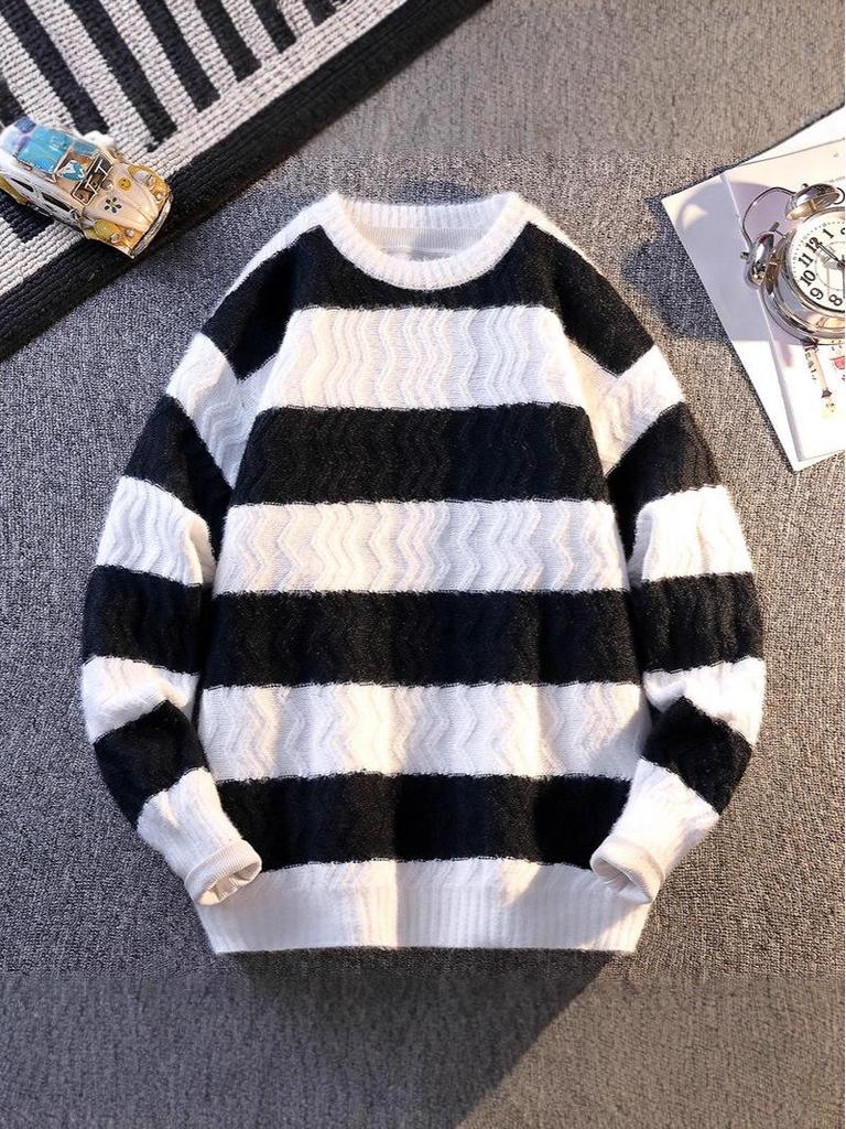 2025 Autumn/Winter Men's Korean Style Color Block Striped Loose Knit Sweater