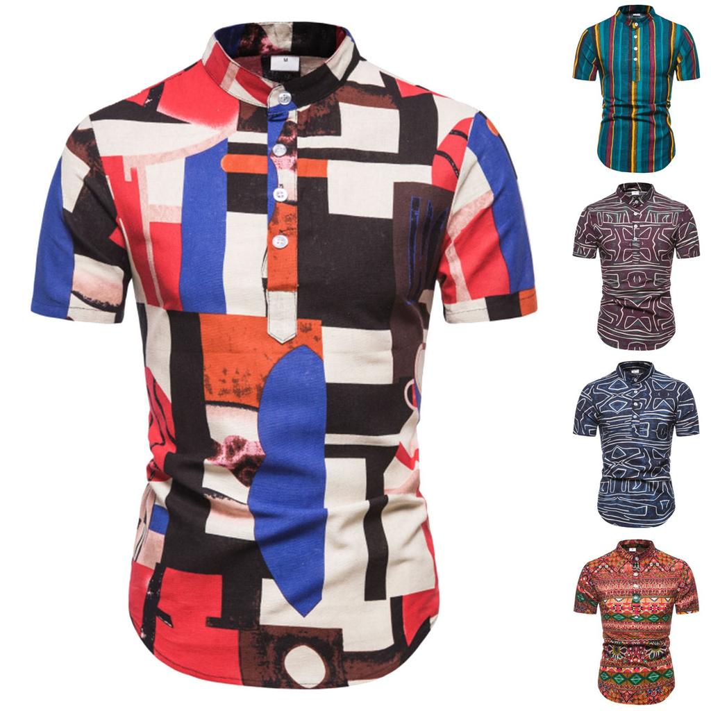 Men Stand Collar Ethnic Style Cotton And Linen Printed Short Sleeves