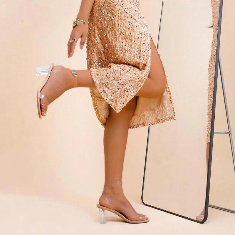 Women's Transparent One-strap High Heels 35-42 New Pointed Buckle Heel High 8.2 Cm Temperament Sandals Crystal Shoes