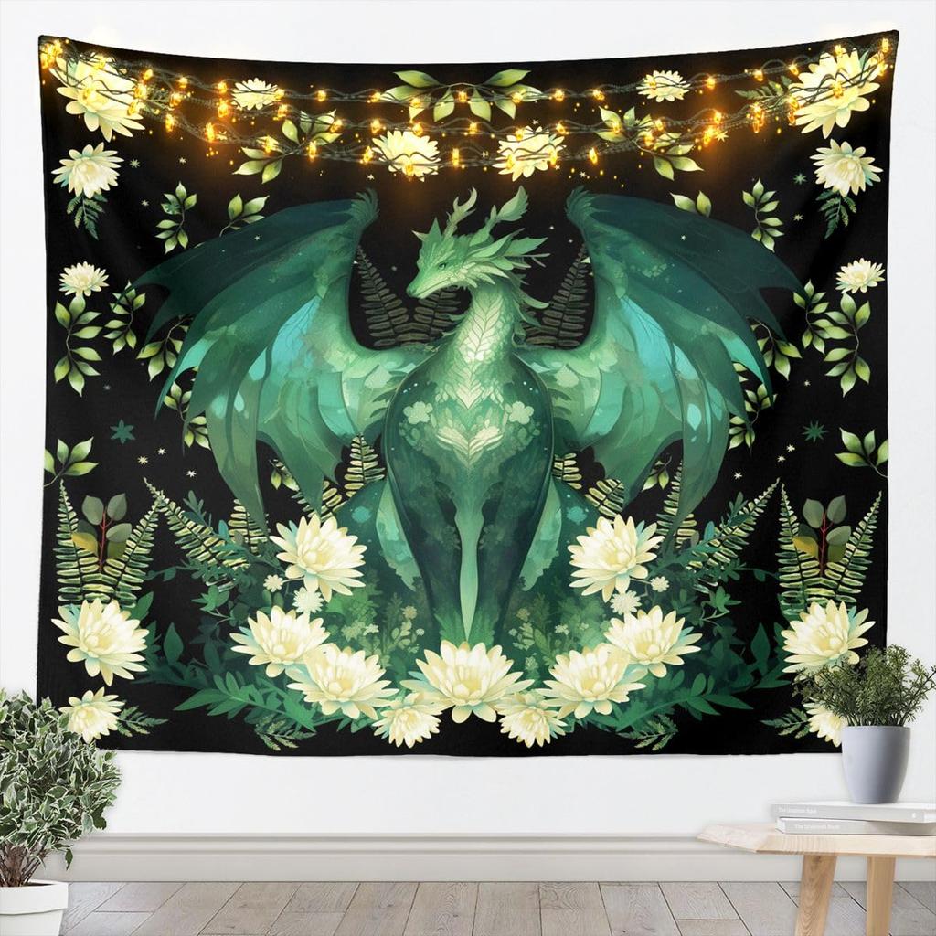 Dragon Tapestry Wall Hanging Western Wild Animal Room Decor Tapestries Kids Boys,Green Blue Purple Aurora Polyester Wall Blanket