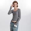 Spring and Summer Women's New Pullover Solid Color Casual Simple Long Sleeve Square Collar Short Slim-fit Sweater