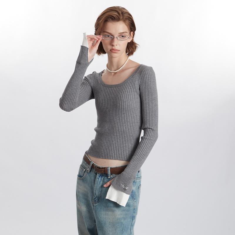 Spring and Summer Women's New Pullover Solid Color Casual Simple Long Sleeve Square Collar Short Slim-fit Sweater