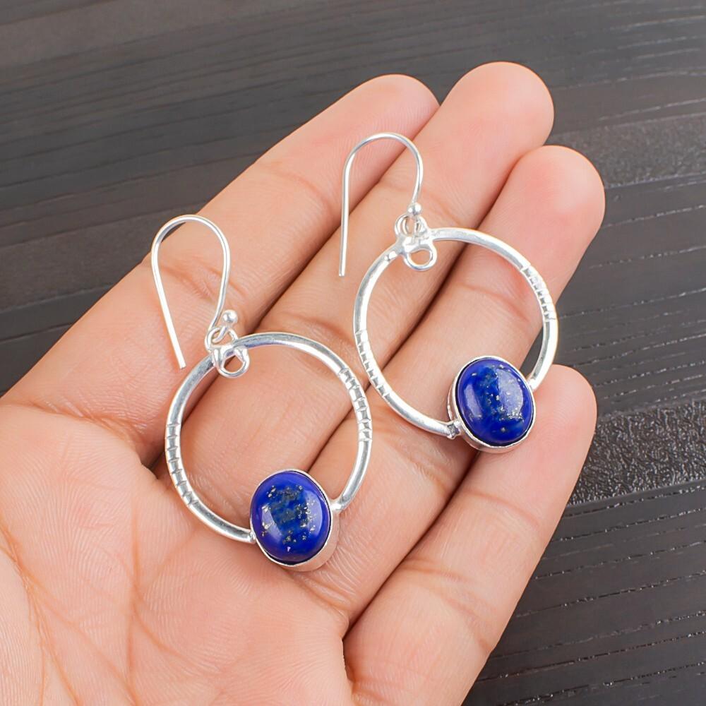 Lapis Lazuli Gemstone 925 Sterling Silver Handcrafted Jewelry Earrings 1.37" EE-67-35