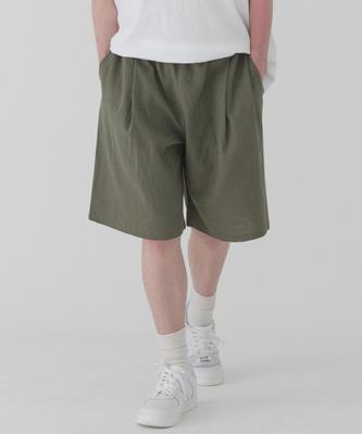 PIANER Comfortable Linen One-Pleat Bermuda Shorts (Khaki)
