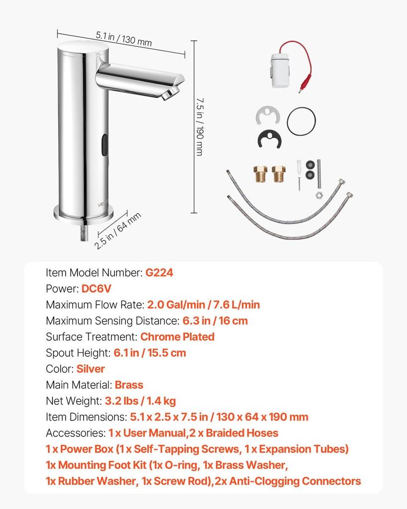 Touchless Bathroom Sink Faucet, Automatic Motion Sensor Restroom Toilet Faucet, Hands Free Adjustable Cold Hot Single Handle Water Mixer Battery