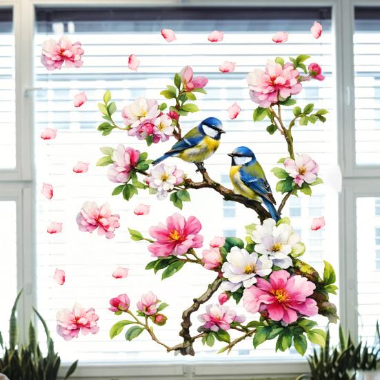 Vögel Blumen Ast Statische Fensteraufkleber, Aquarellvögel auf blühendem Ast Ast Fensteraufkleber, Wiederverwendbare Antikollisions-Doppelseitige Aufkleber für Glas