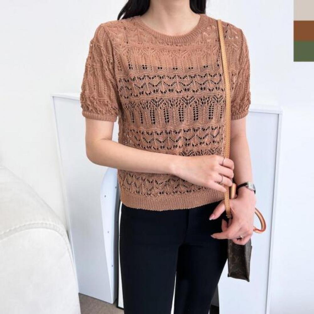 New Arrivals Open Run Bitren Punching Detail Mesh Short Sleeve Sweater