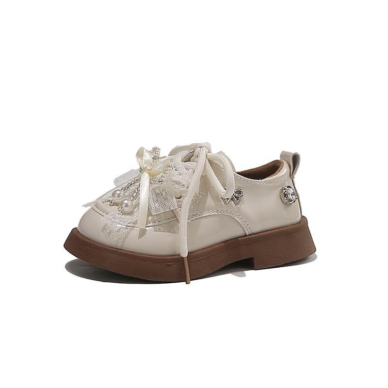 Girls' small leather shoes2026New Spring and Summer Children's Rhinestone Bow Pearl Lace Bow Small Leather Shoes