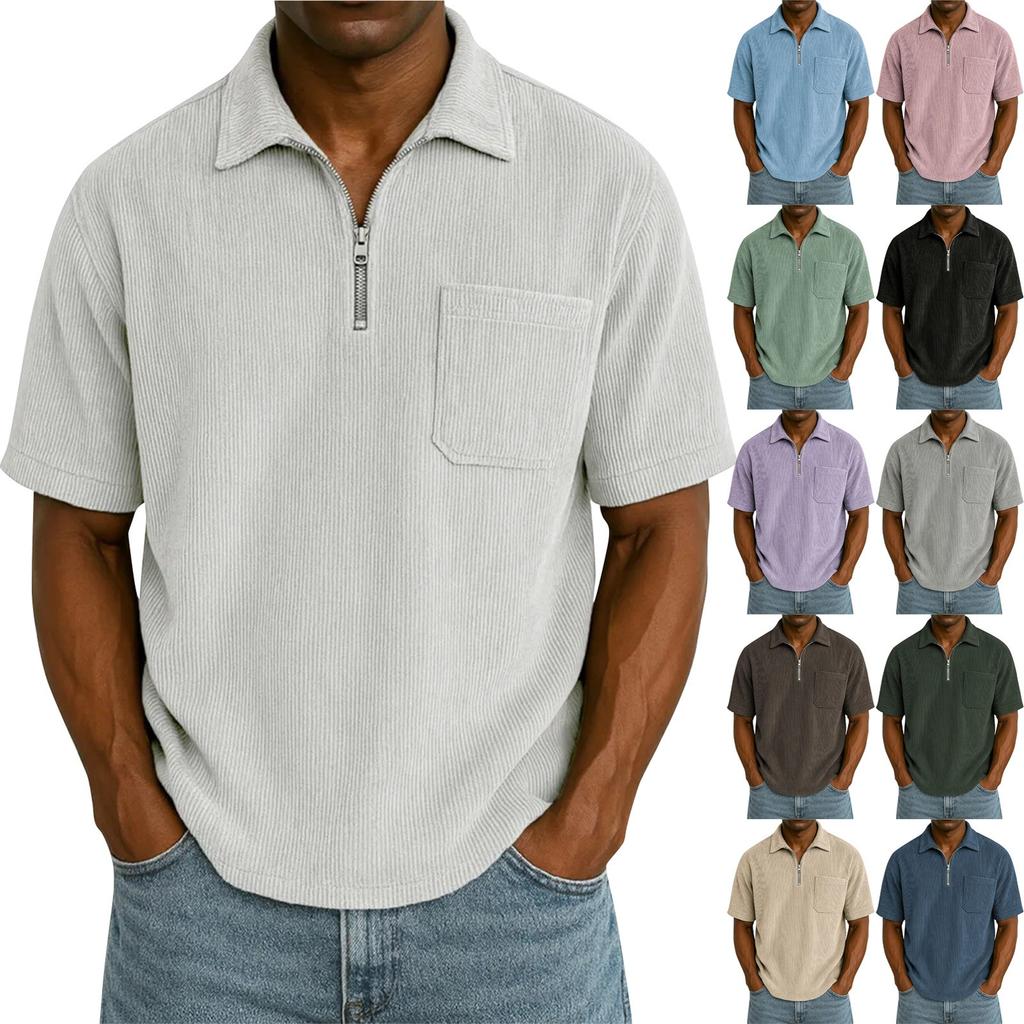 Men's Summer Solid Color Zipper Pocket Lapel Loose Short Sleeve Top