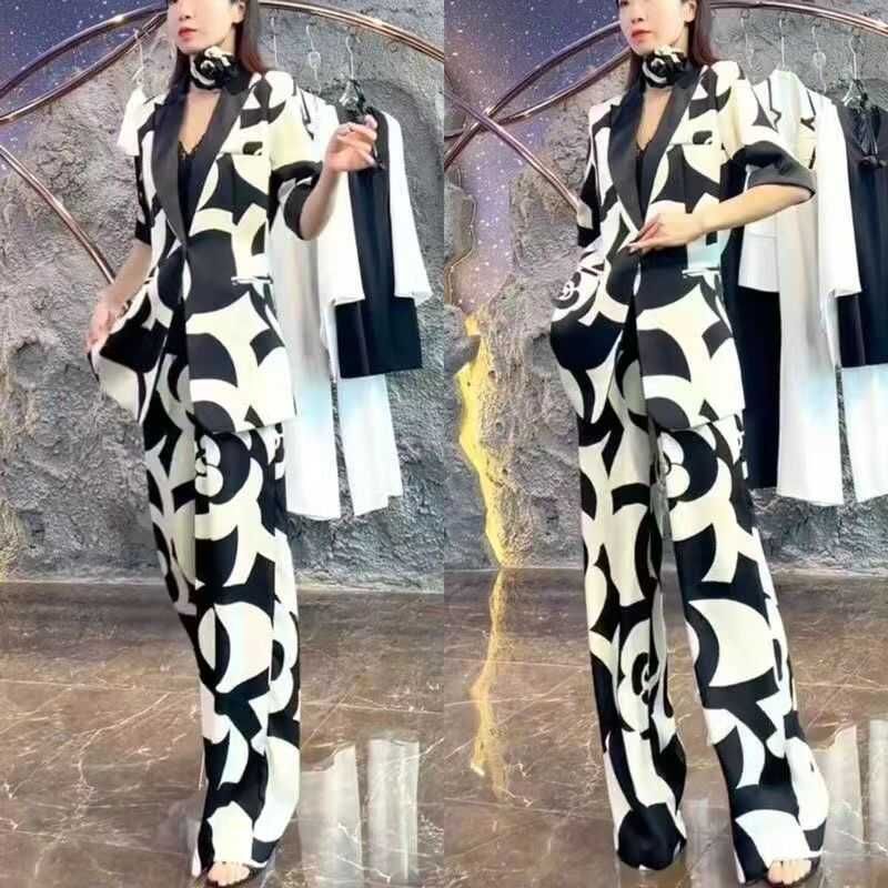 

2024 Летний Слим Модный Свободный Костюм Социалита Фантазийный Воротник Свободные Брюки Костюм-Двойка Костюм Социалита Западный Стиль Комплект White L 50.00 kg-55.00 kg